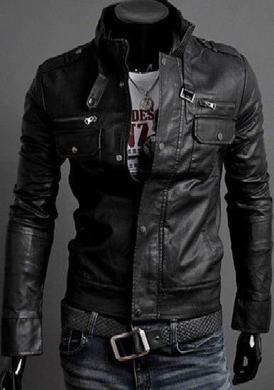 SLIM FIT STAND BUCKLE COLLAR FAUX LEATHER JACKET