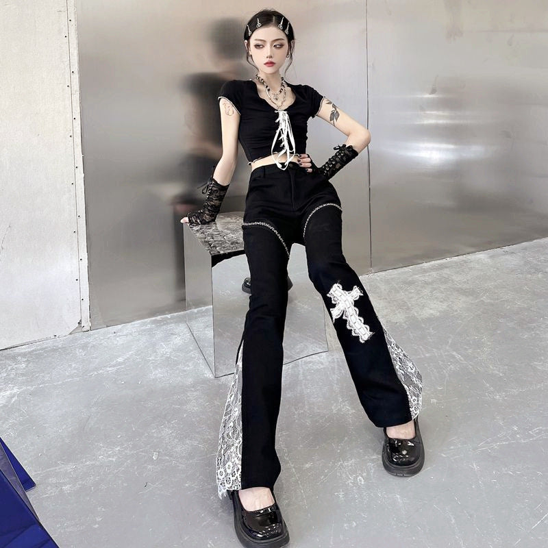 HIGH WAIST PATCHWORK WIDE LEG PANTS