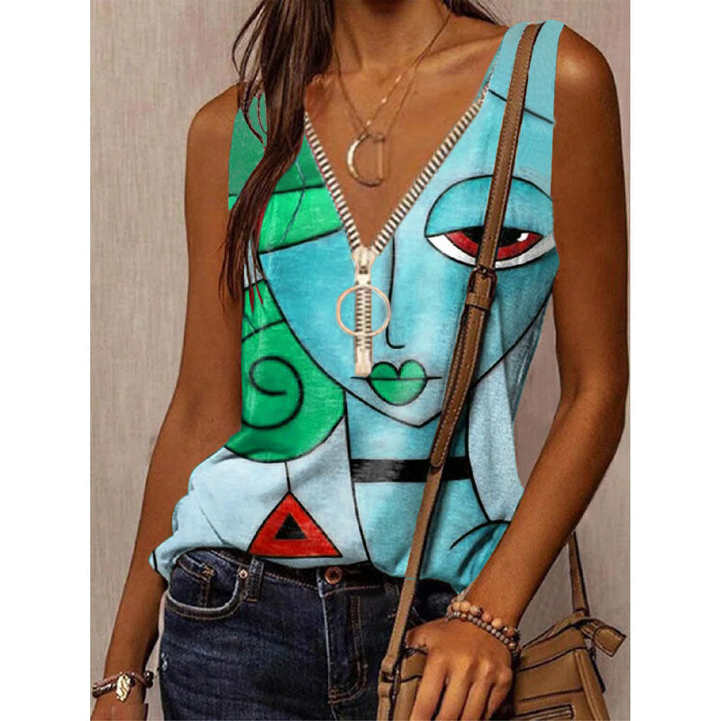 Sleeveless Zipper Printed Top