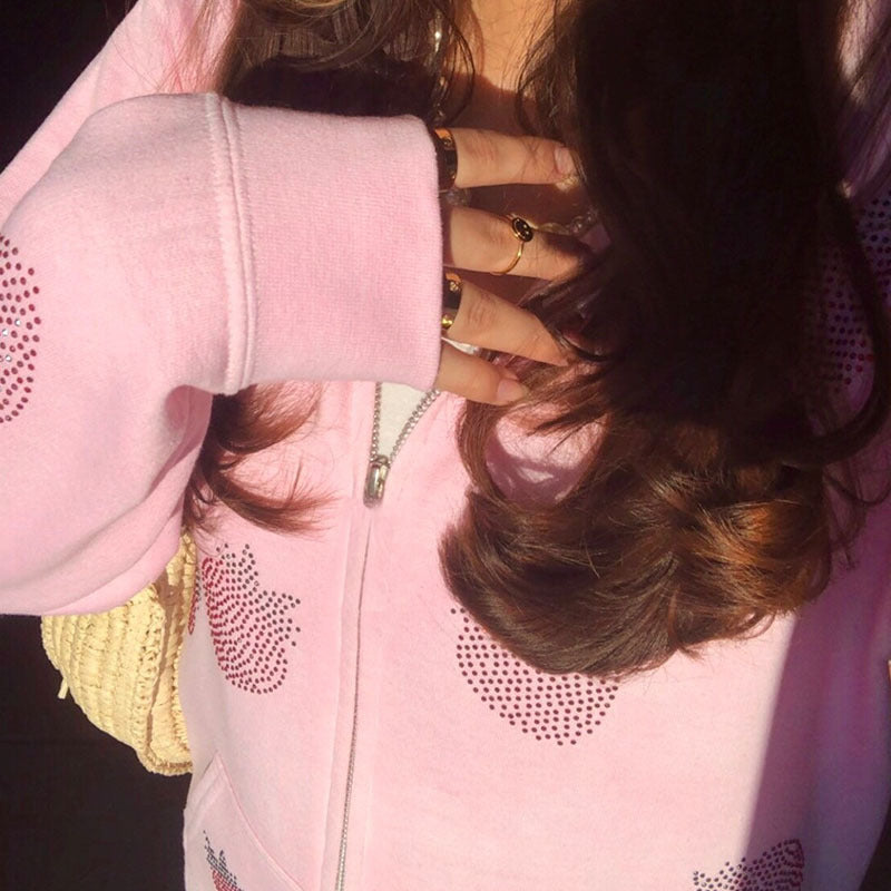 Loose Strawberry Pattern Rhinestone Zipper Jacket