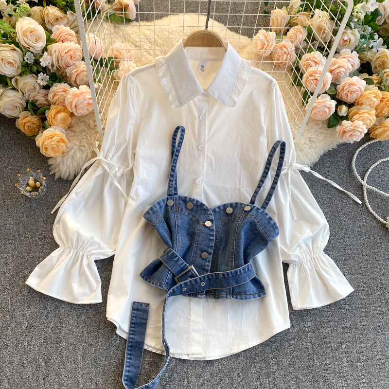 Ruffle Shirt with Denim Crop-Top