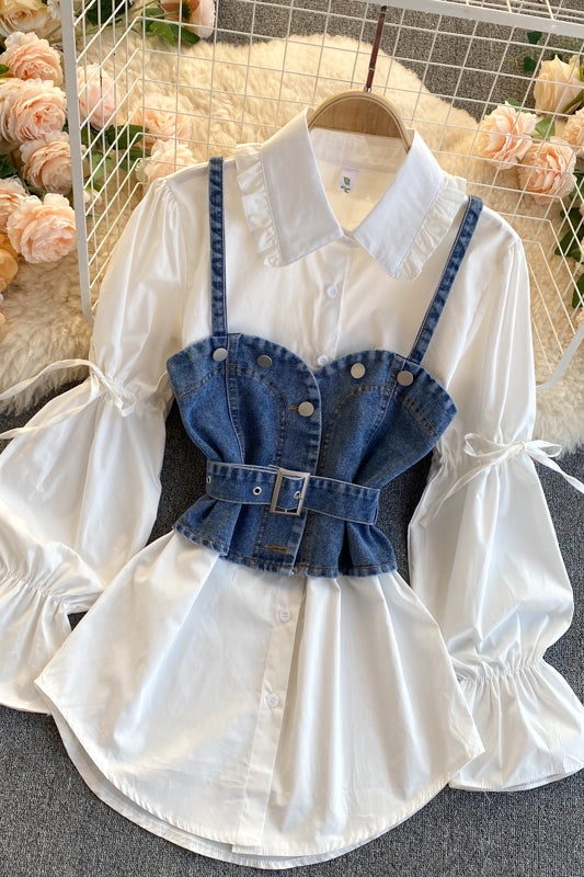 Ruffle Shirt with Denim Crop-Top