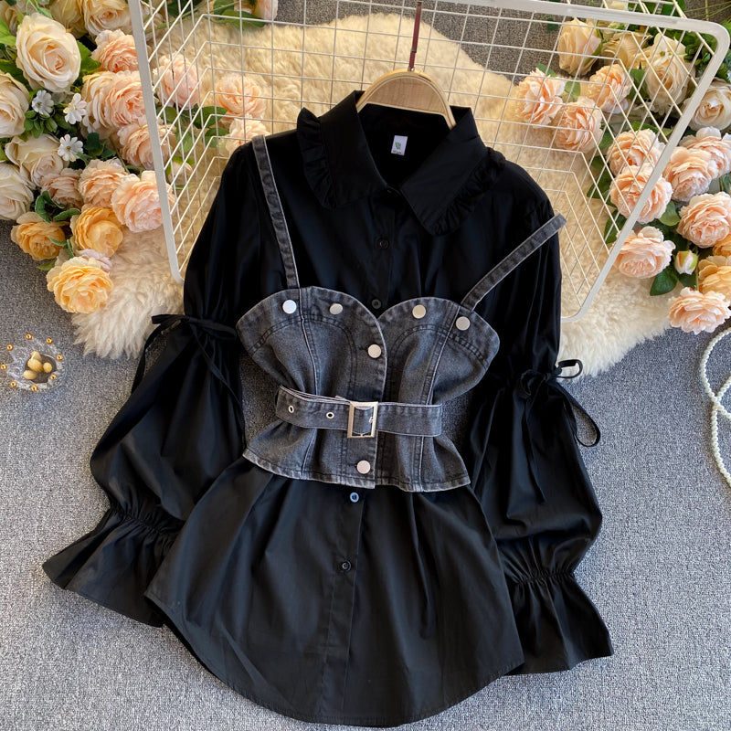 Ruffle Shirt with Denim Crop-Top