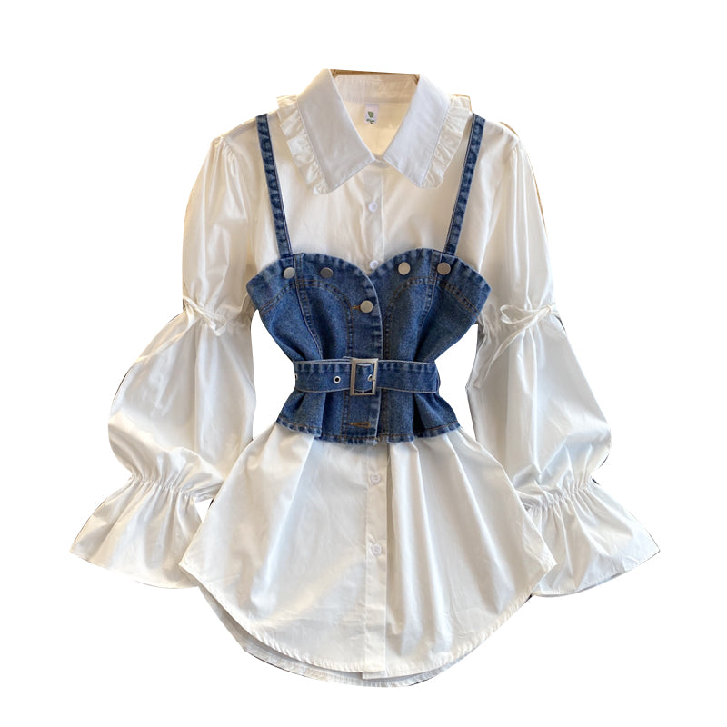 Ruffle Shirt with Denim Crop-Top