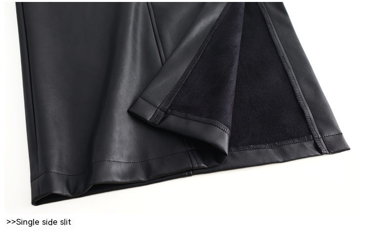 Fleece-Lined PU Leather Side-Slit Skirt