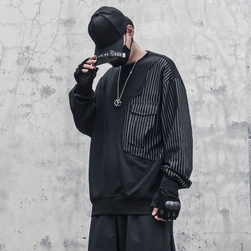 OVERSIZED PULLOVER TWO-PIECE SPLICING STRIPED PATCHWORK SWEATSHIRT