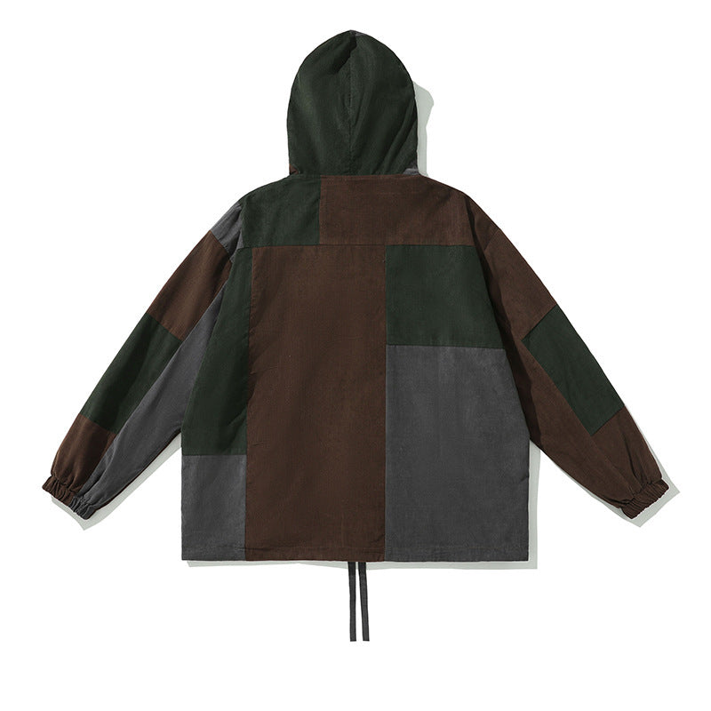 Stitching Corduroy Color Block Hooded Jacket