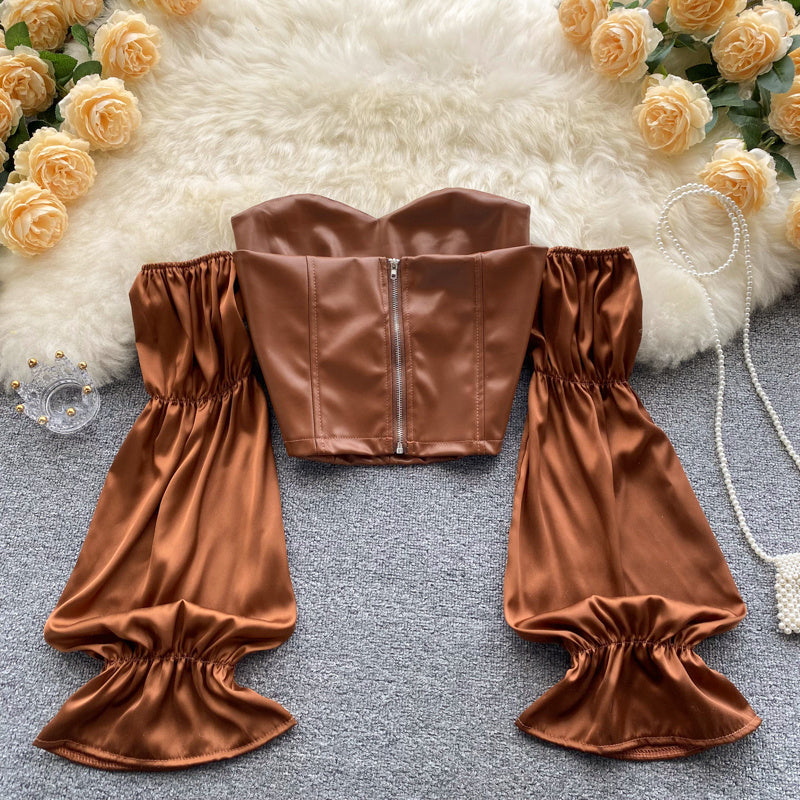 One-shoulder Leather Short Top