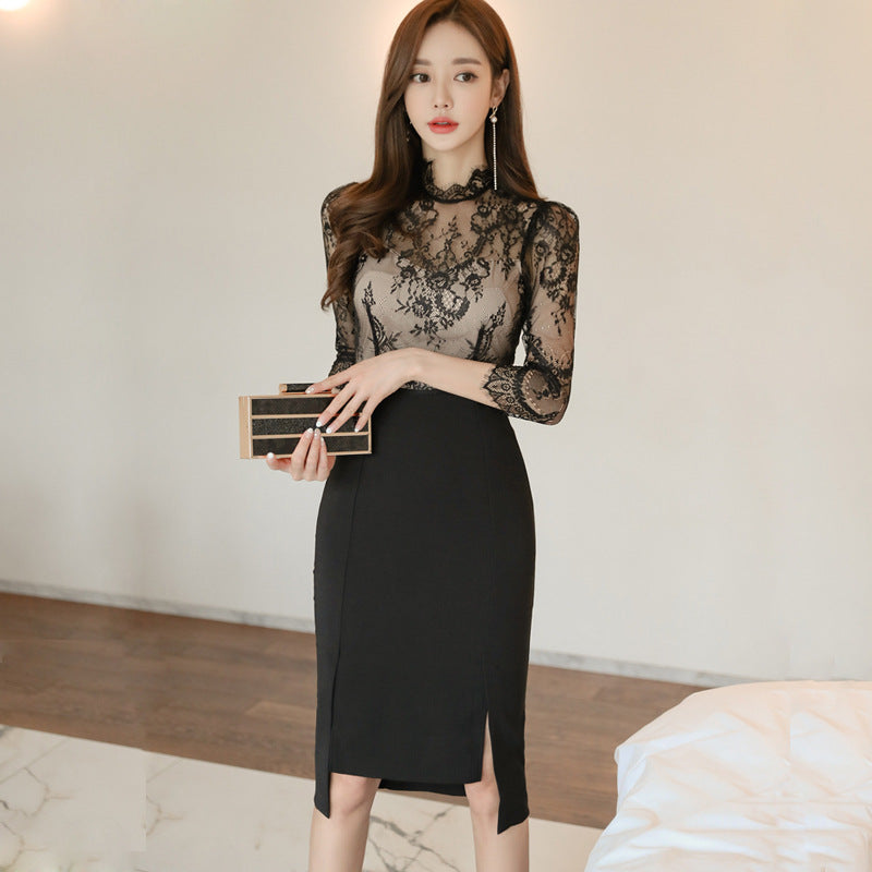LACE MID-LENGTH SLEEVE PENCIL DRESS