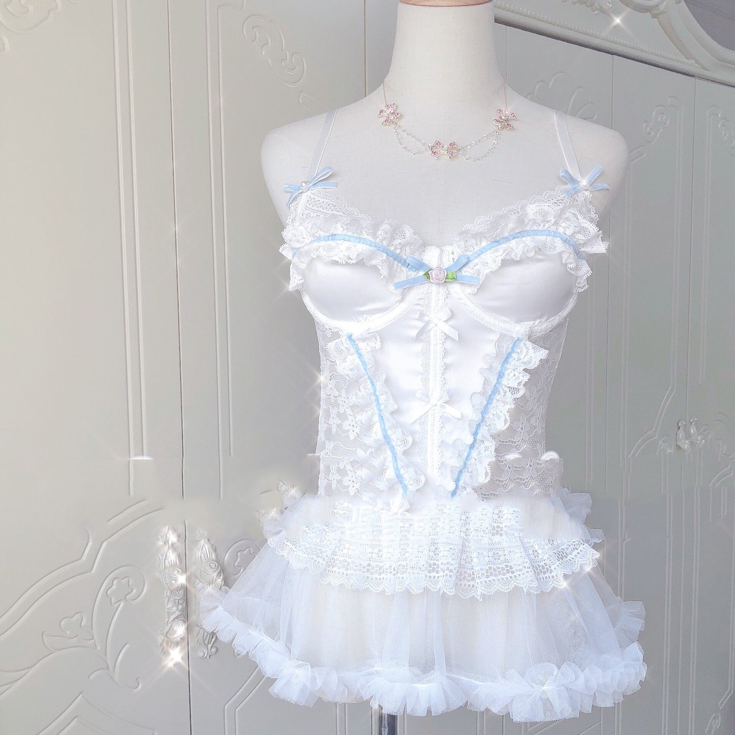 Handmade Satin Sling Bra with Lace-Trimmed Skirt
