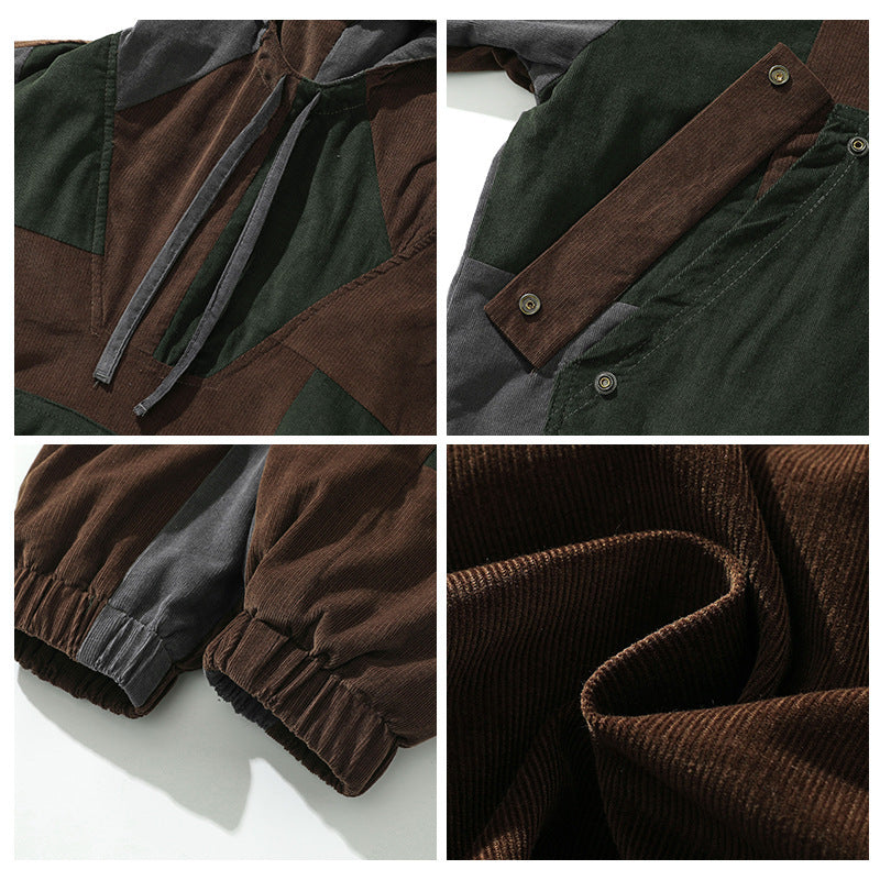 Stitching Corduroy Color Block Hooded Jacket