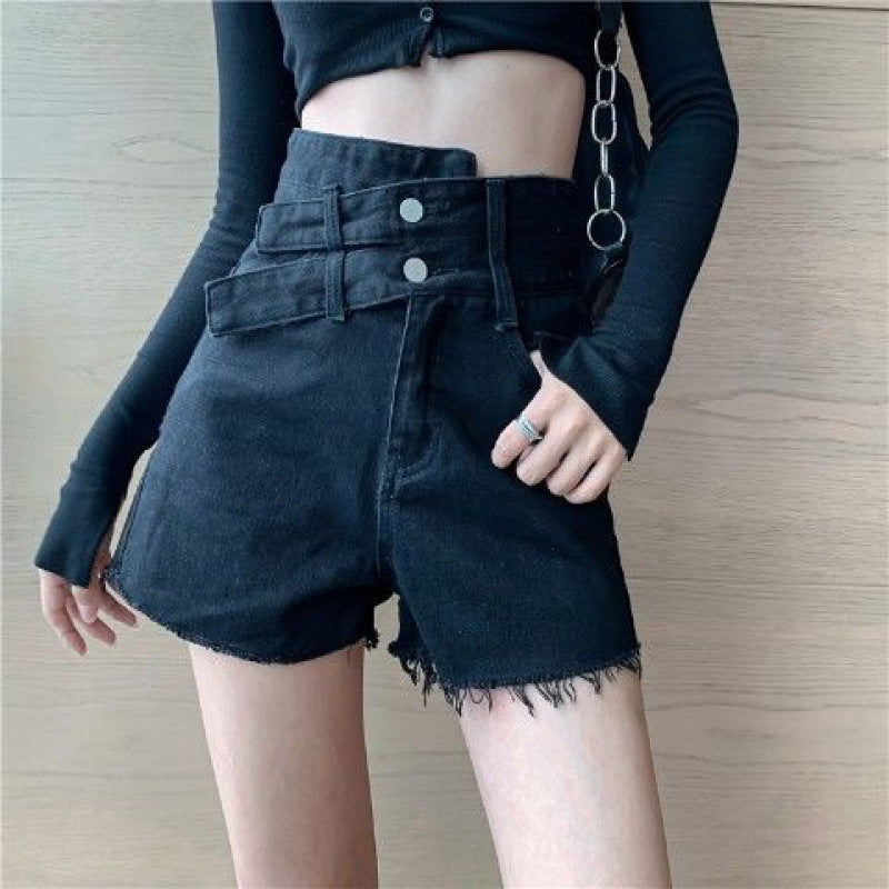 DOUBLE BUCKLE DENIM SHORTS
