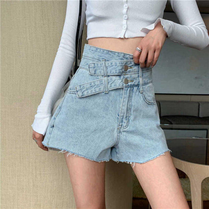 DOUBLE BUCKLE DENIM SHORTS