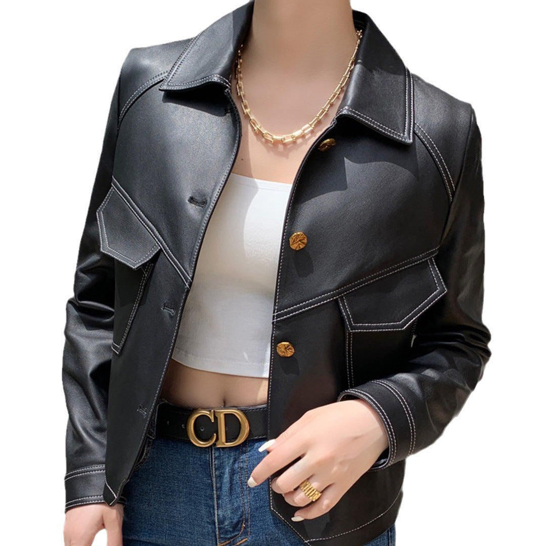 Coat Collar Buckle Leather Jacket
