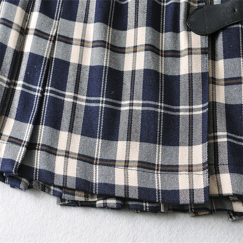 Retro Plaid Pleated Belt Buckle Skirt