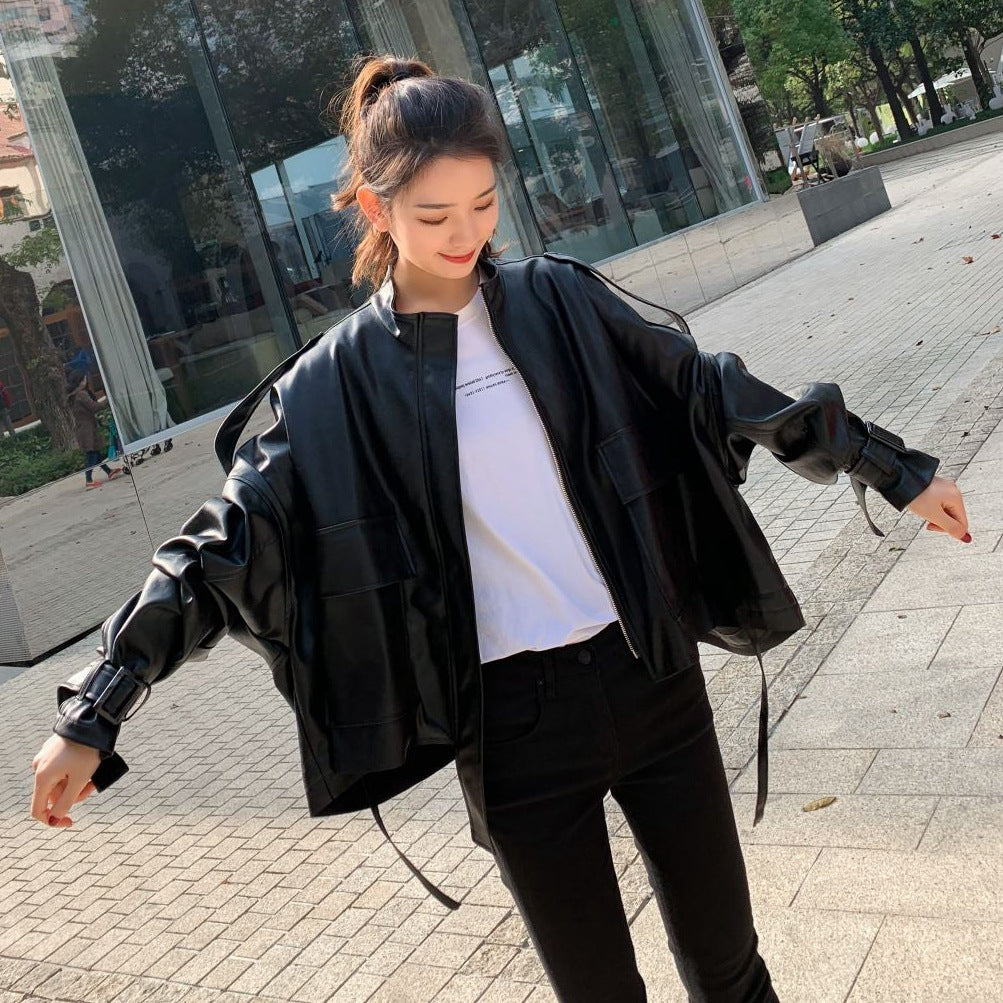 Retro Loose Collar Style Leather Jacket