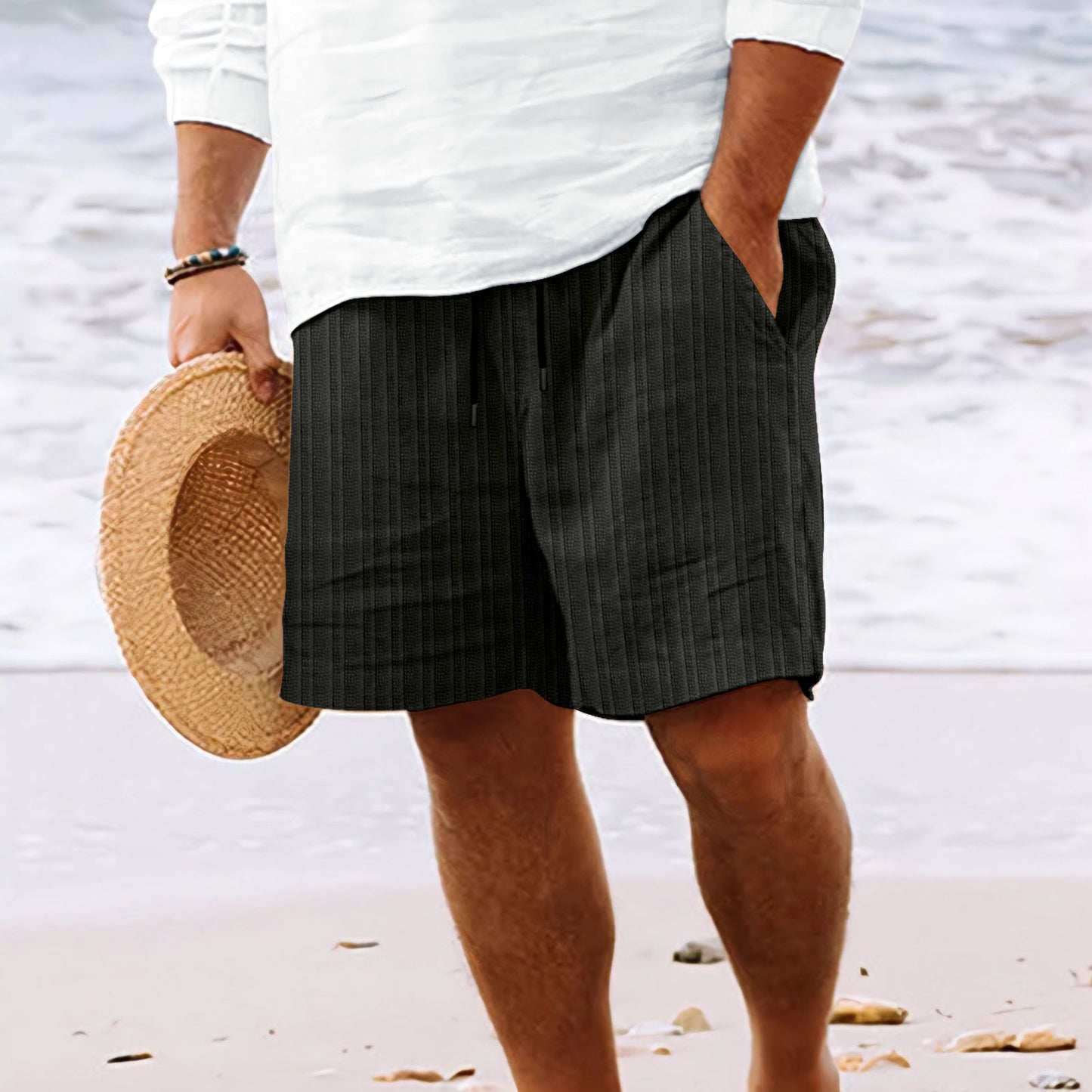 Cotton And Linen Lace Striped Shorts