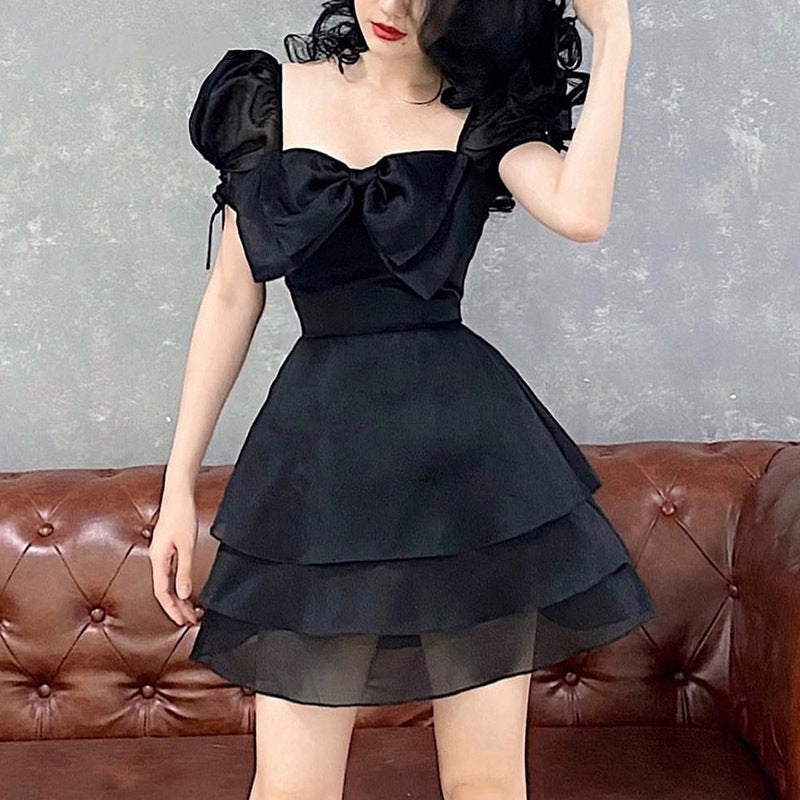 PUFF SLEEVE PLEATED MESH DRESS