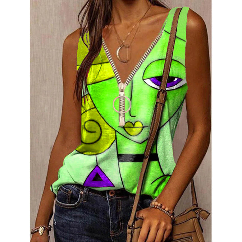 Sleeveless Zipper Printed Top