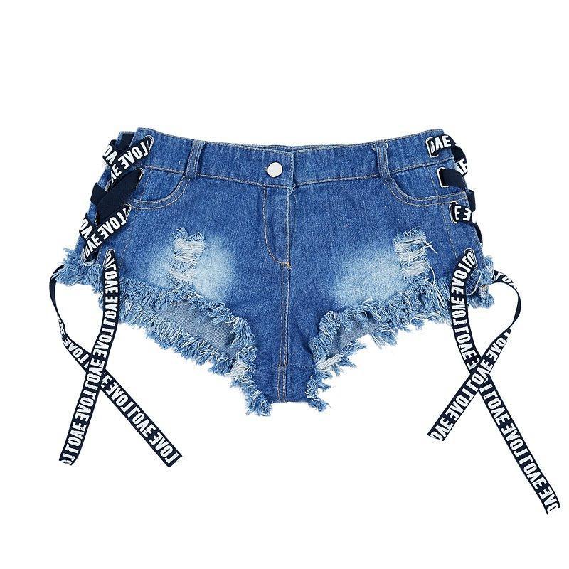 DENIM RIPPED DRAWSTRING SHORTS