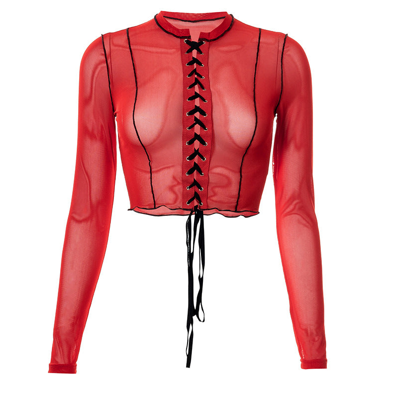 Sheer Patchwork Long Sleeve Crop Top