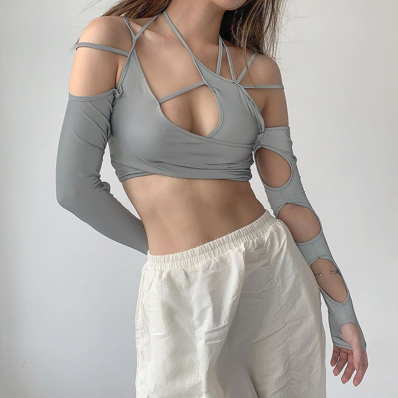 Patchwork Long Sleeve Cut-Out Top