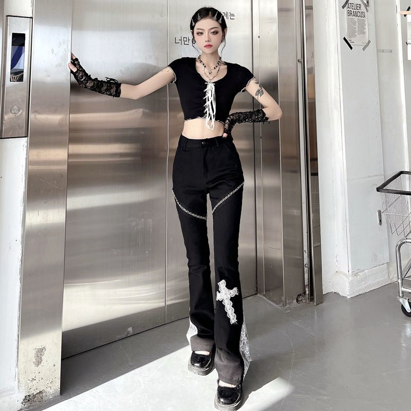 HIGH WAIST PATCHWORK WIDE LEG PANTS