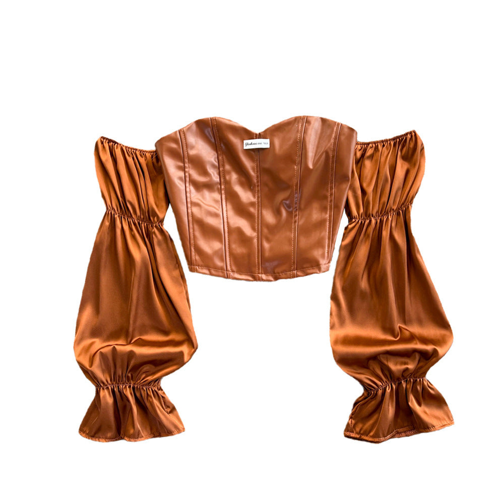 One-shoulder Leather Short Top