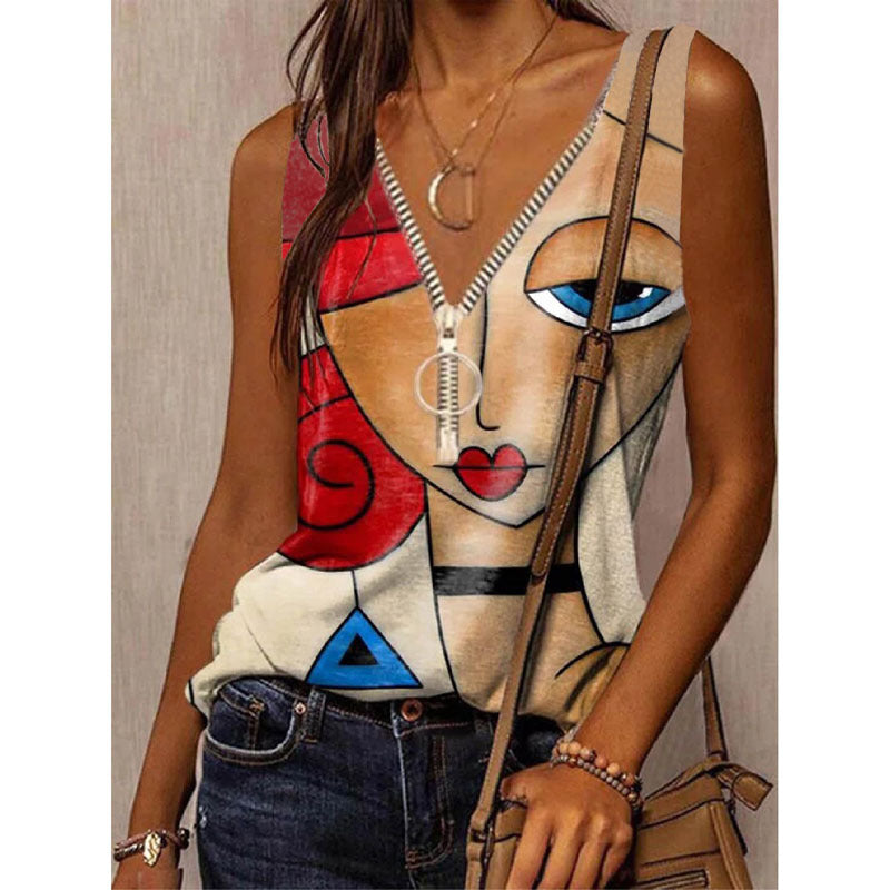 Sleeveless Zipper Printed Top