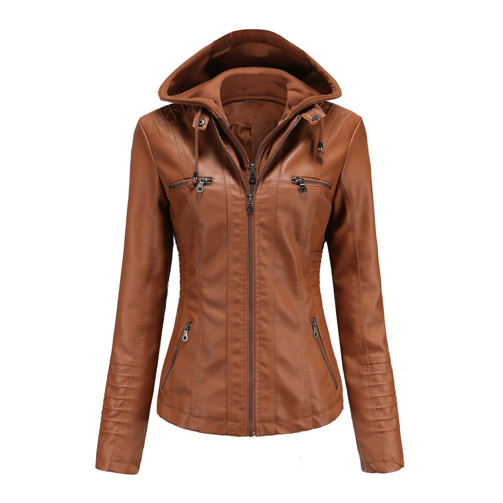 HOODED LEATHER ZIPPER JACKET