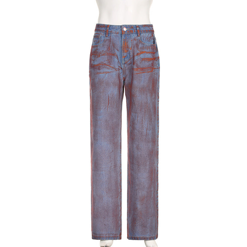 Straight Loose Spray-painted Printed Jeans