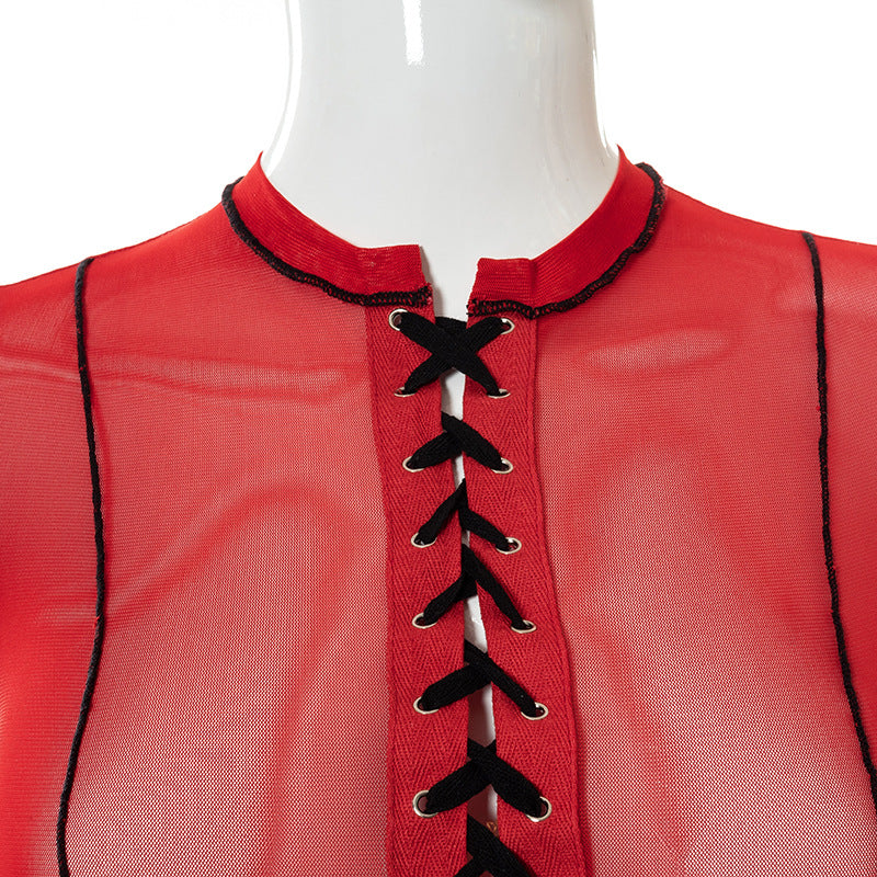 Sheer Patchwork Long Sleeve Crop Top