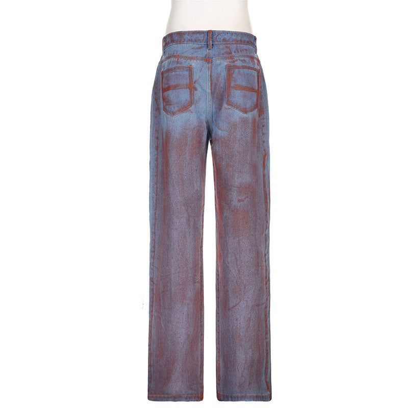 Straight Loose Spray-painted Printed Jeans