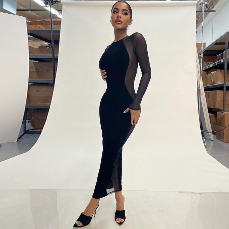 MESH LONG SLEEVE VELVET DRESS