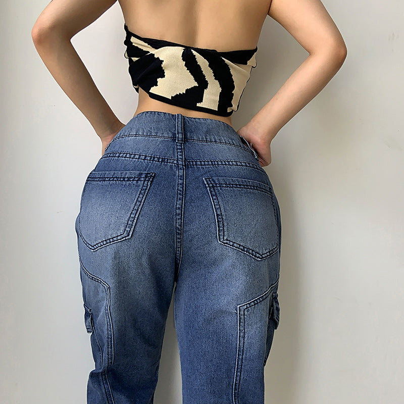 DOUBLE BUTTON COMBAT STRAIGHT LEG JEANS