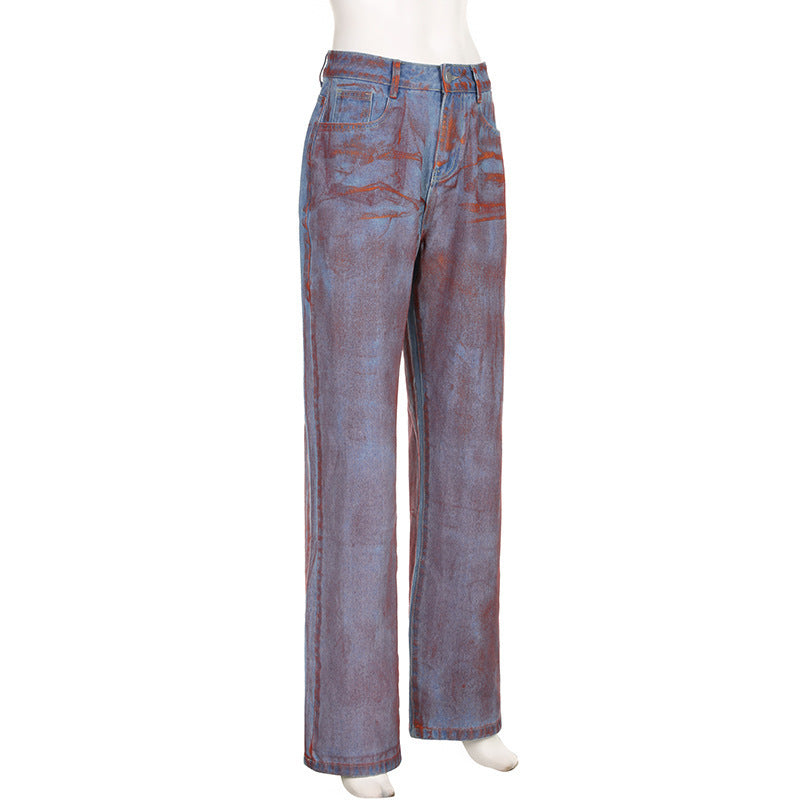 Straight Loose Spray-painted Printed Jeans