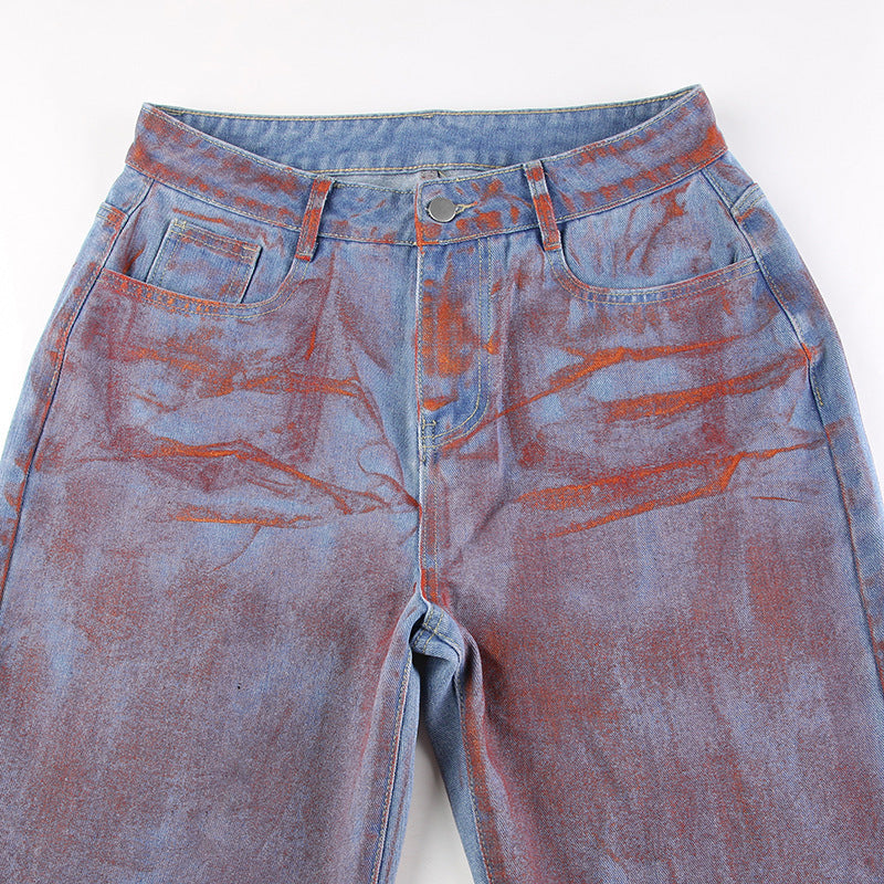 Straight Loose Spray-painted Printed Jeans