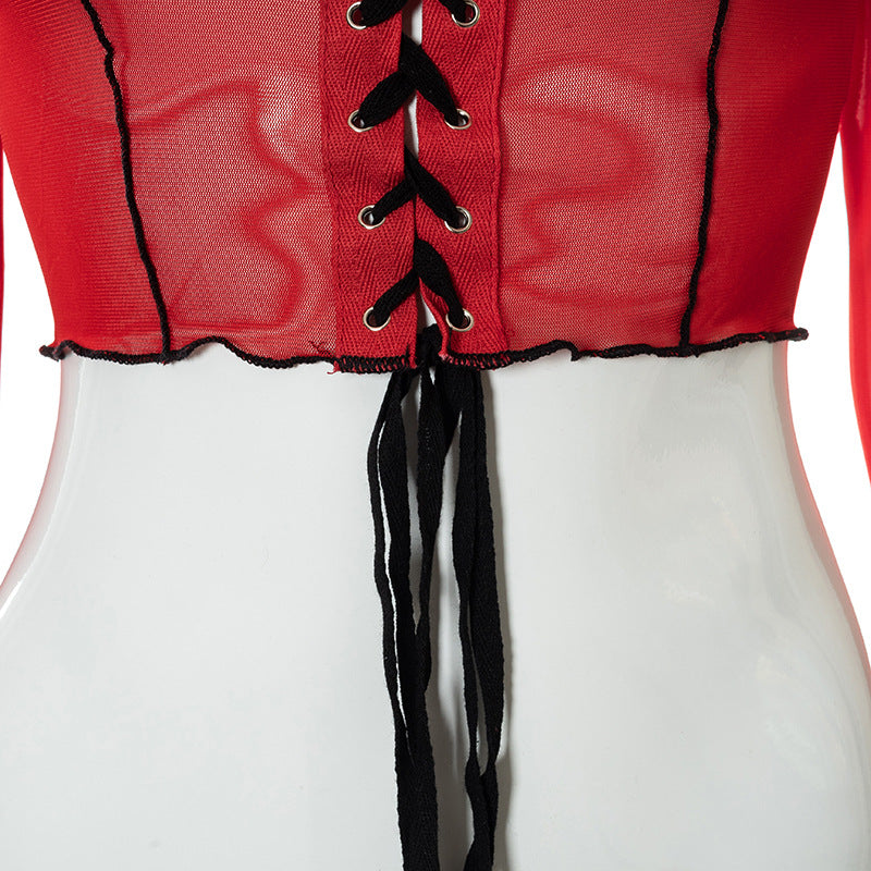 Sheer Patchwork Long Sleeve Crop Top