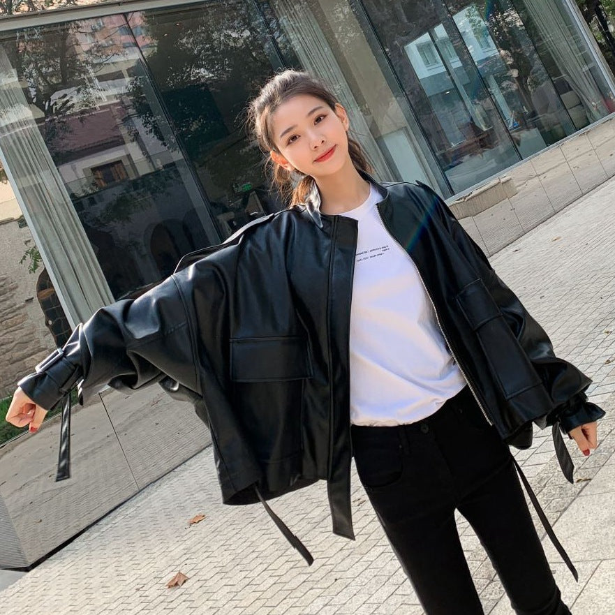 Retro Loose Collar Style Leather Jacket
