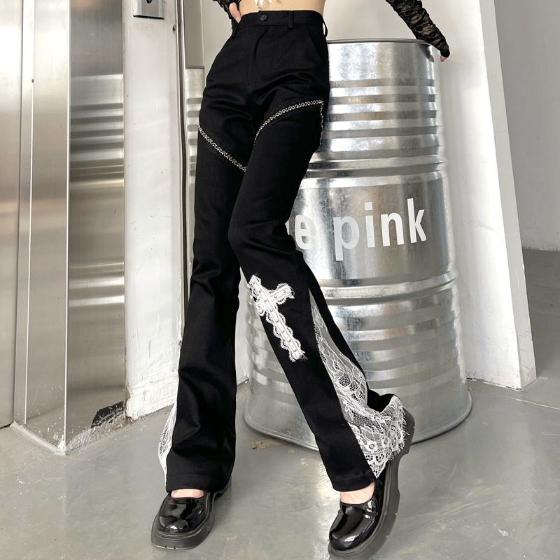 HIGH WAIST PATCHWORK WIDE LEG PANTS