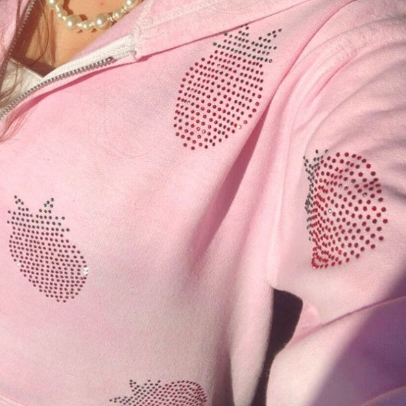Loose Strawberry Pattern Rhinestone Zipper Jacket