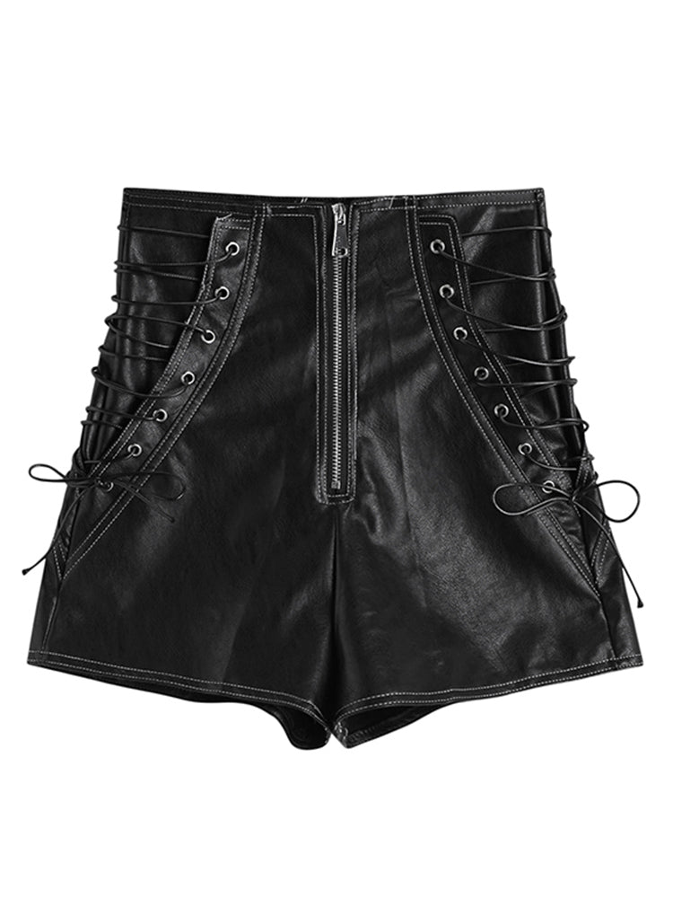 LEATHER ZIPPER DRAWSTRING SHORTS