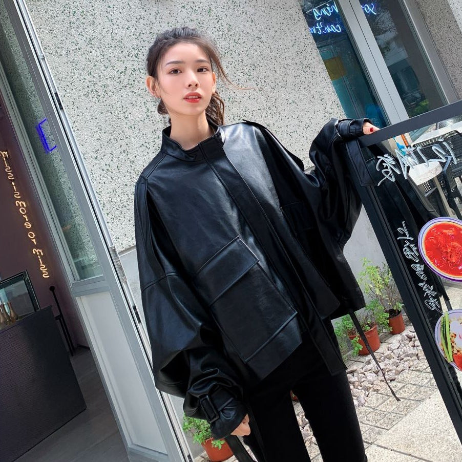 Retro Loose Collar Style Leather Jacket