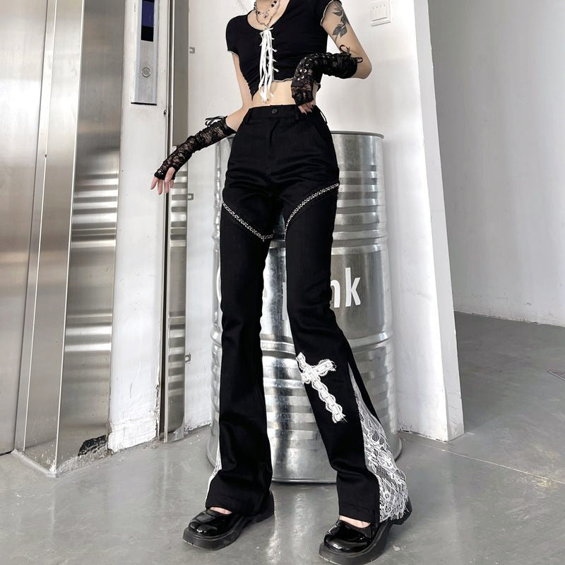 HIGH WAIST PATCHWORK WIDE LEG PANTS