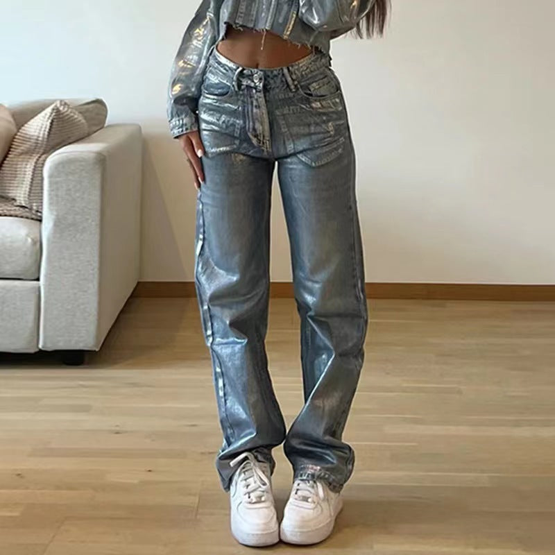 Straight Loose Spray-painted Printed Jeans