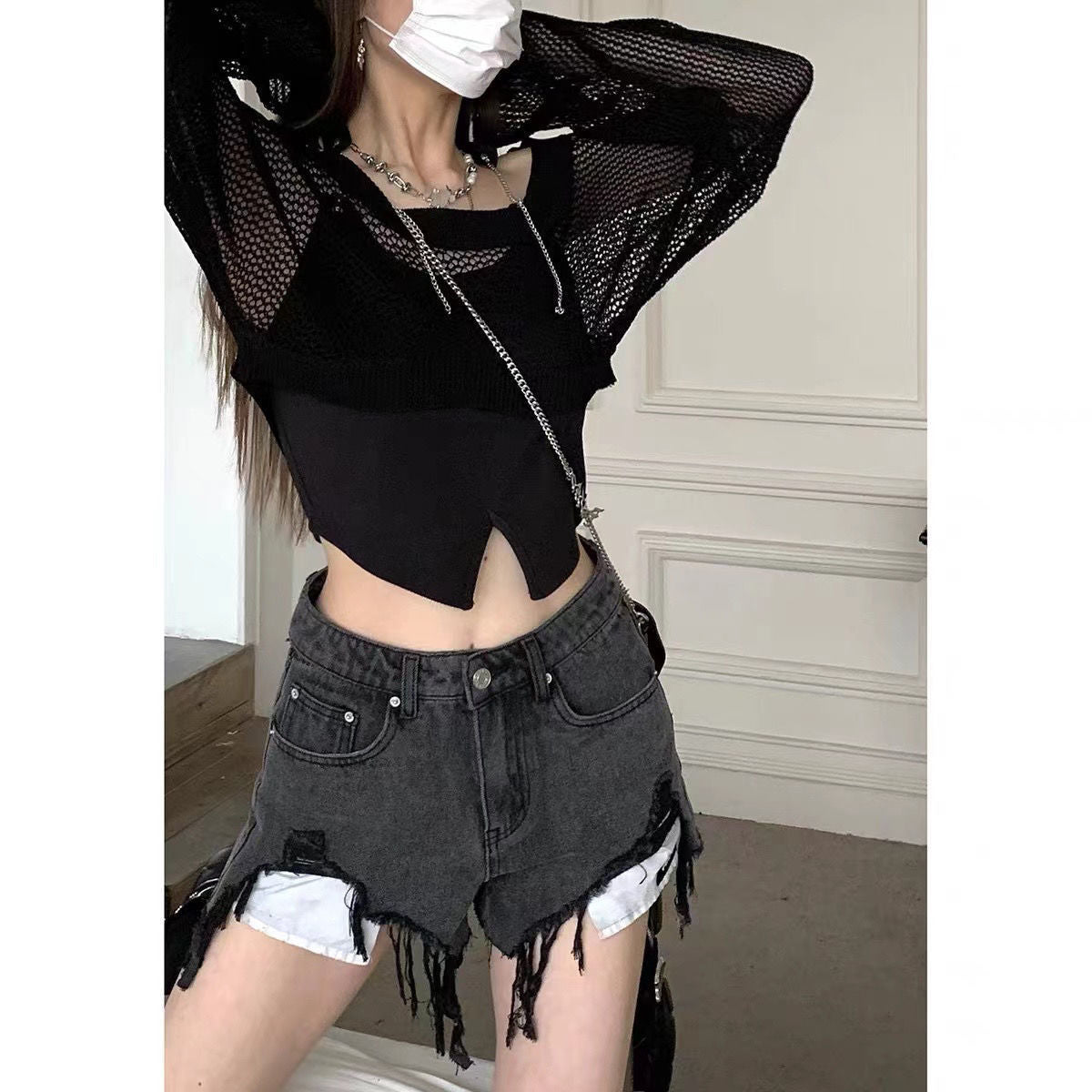 BLOUSE WITH FISHNET CROPPED TOP