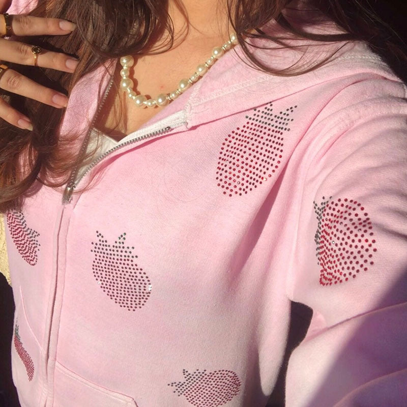 Loose Strawberry Pattern Rhinestone Zipper Jacket