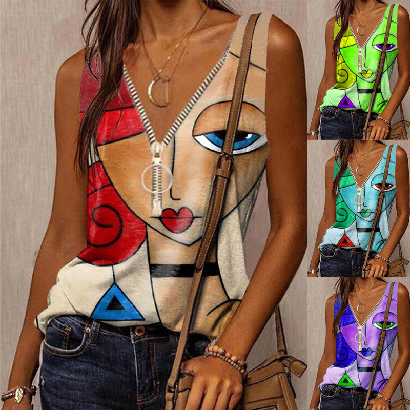 Sleeveless Zipper Printed Top
