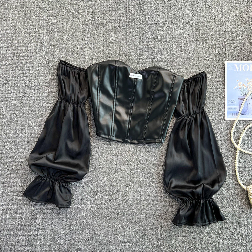 One-shoulder Leather Short Top
