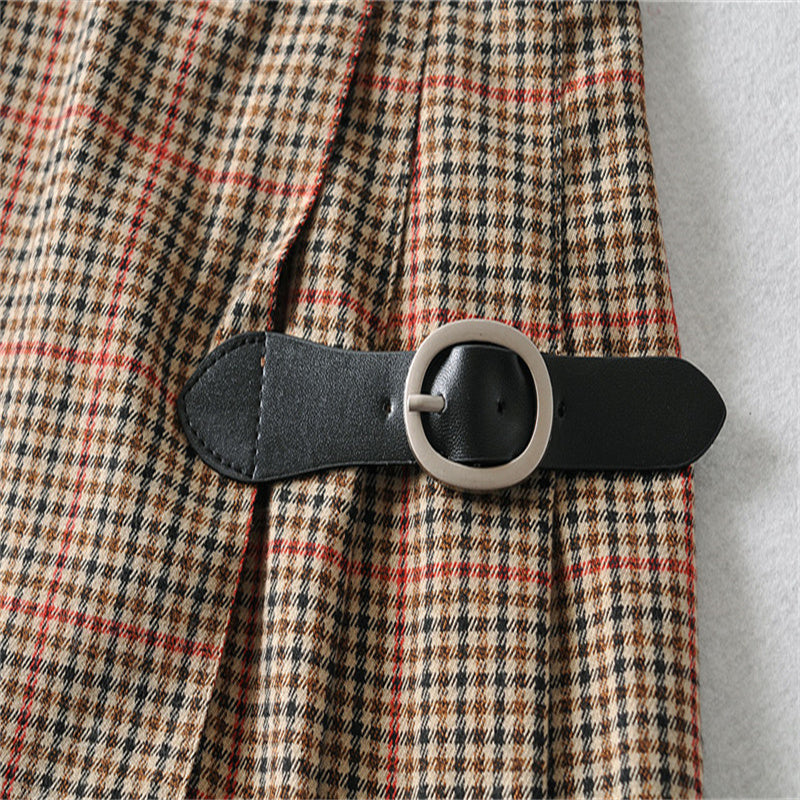 Retro Plaid Pleated Belt Buckle Skirt